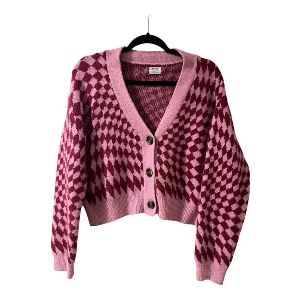 COTTON On Pink and Burgundy Checkered Women's Cardigan Sweater- Size M